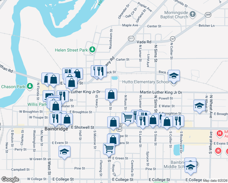 map of restaurants, bars, coffee shops, grocery stores, and more near 423 Chesnut in Bainbridge