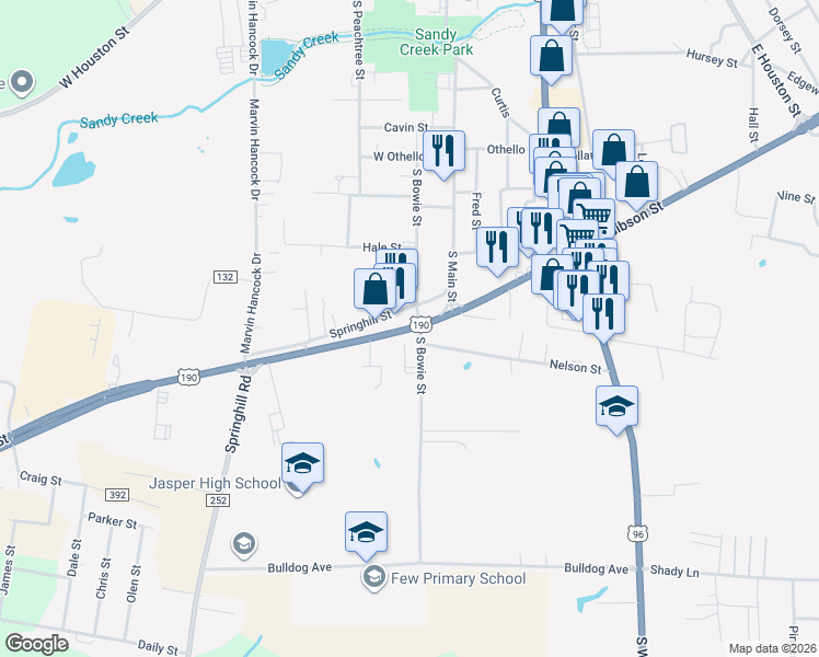 map of restaurants, bars, coffee shops, grocery stores, and more near Texas 63 in Jasper
