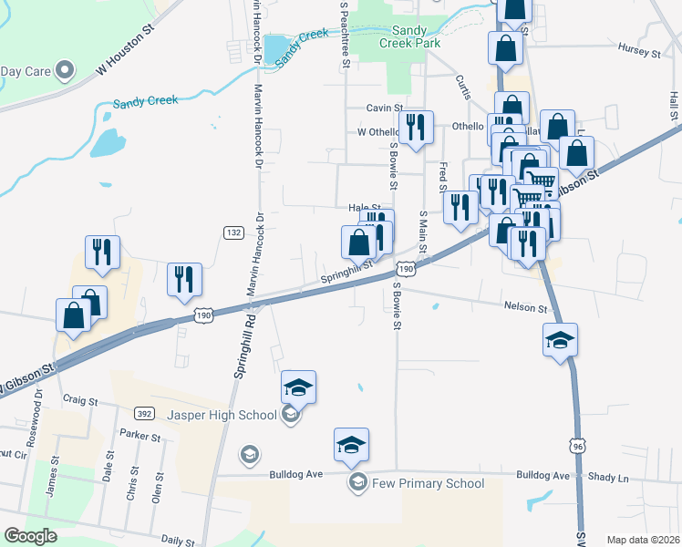 map of restaurants, bars, coffee shops, grocery stores, and more near 348 Springhill St in Jasper