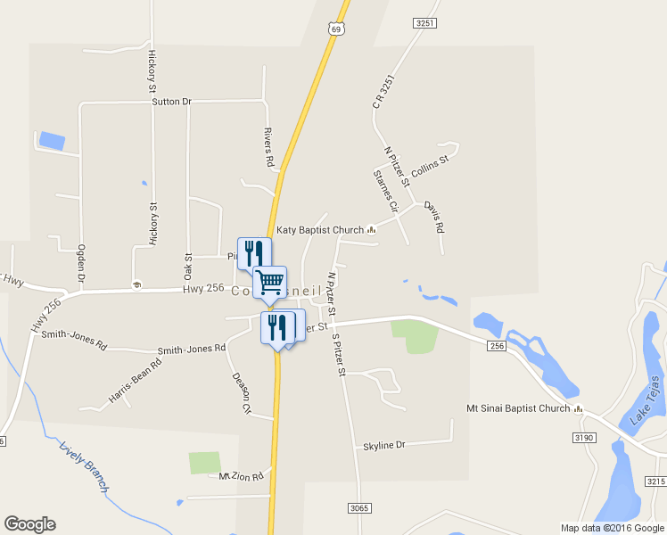 map of restaurants, bars, coffee shops, grocery stores, and more near 305 North Pitzer Street in Colmesneil