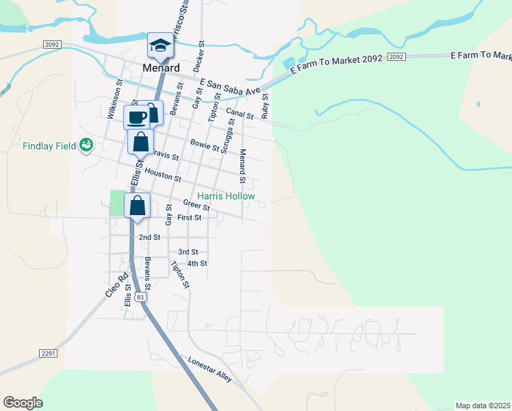 map of restaurants, bars, coffee shops, grocery stores, and more near 601 Houston in Menard