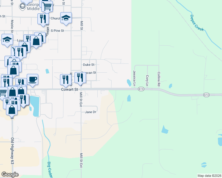 map of restaurants, bars, coffee shops, grocery stores, and more near 15255 Mississippi 613 in Lucedale
