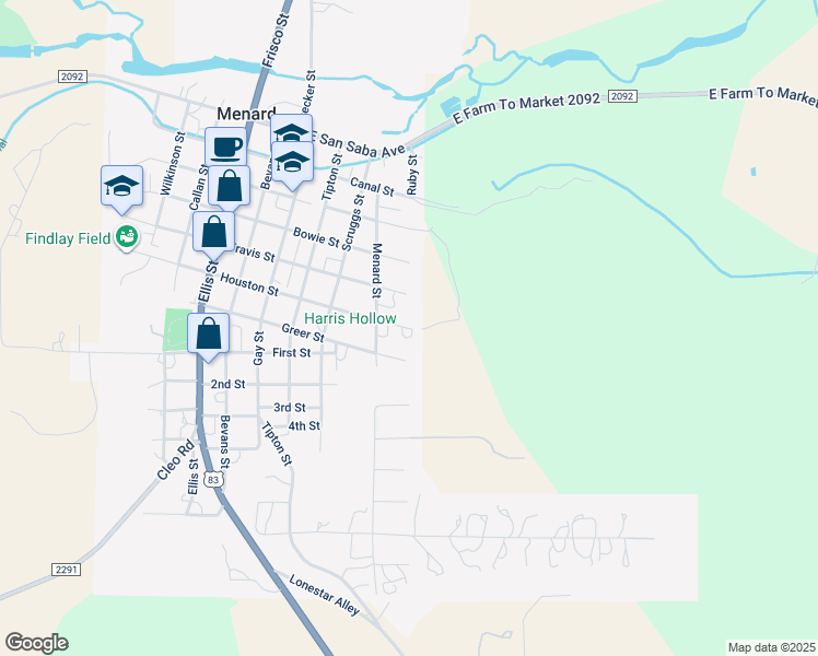 map of restaurants, bars, coffee shops, grocery stores, and more near 601 Houston in Menard