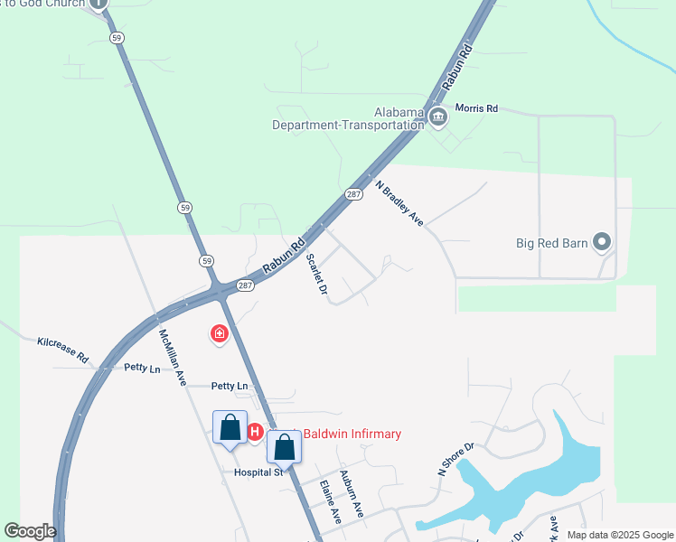 map of restaurants, bars, coffee shops, grocery stores, and more near 47580 Rabun Road in Bay Minette