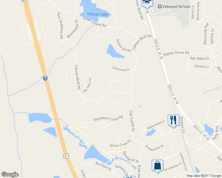 map of restaurants, bars, coffee shops, grocery stores, and more near 4602 Ridgeview Circle in Valdosta