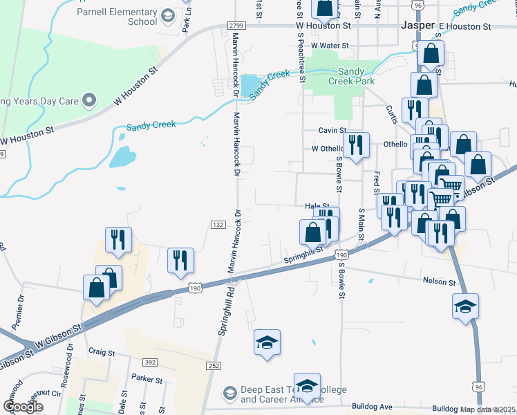 map of restaurants, bars, coffee shops, grocery stores, and more near 418 Hale Street in Jasper