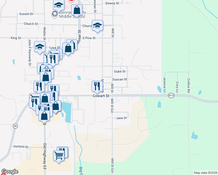 map of restaurants, bars, coffee shops, grocery stores, and more near 2-98 2nd Ave in Lucedale