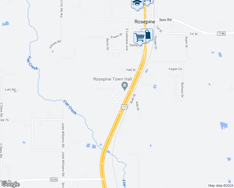map of restaurants, bars, coffee shops, grocery stores, and more near 7072 Par Road 7063 in Rosepine