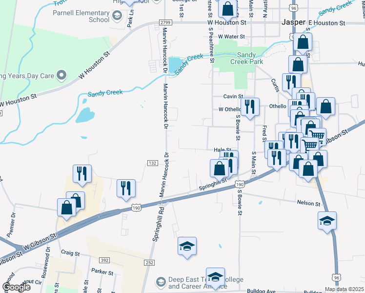 map of restaurants, bars, coffee shops, grocery stores, and more near 418 Hale Street in Jasper