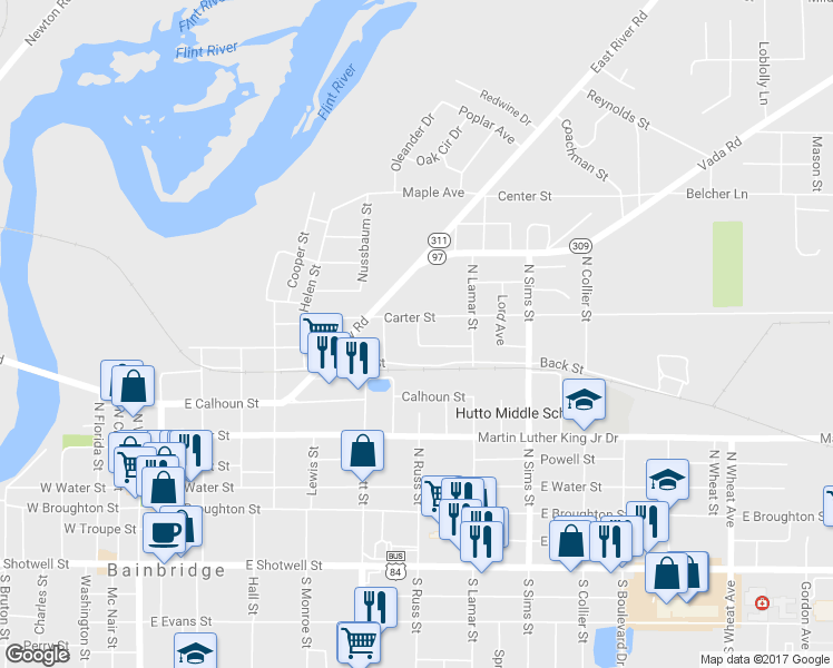 map of restaurants, bars, coffee shops, grocery stores, and more near 828 Russ Street in Bainbridge