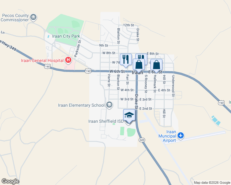 map of restaurants, bars, coffee shops, grocery stores, and more near 301 East 4th Street in Iraan