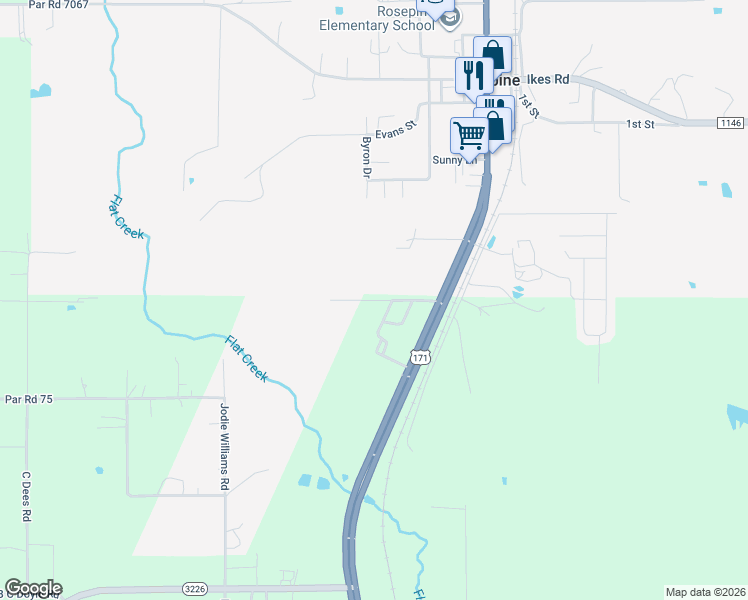map of restaurants, bars, coffee shops, grocery stores, and more near 7072 Par Road 7063 in Rosepine