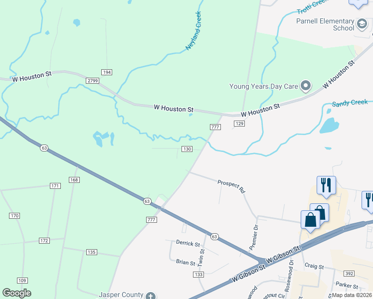 map of restaurants, bars, coffee shops, grocery stores, and more near 151 Sandy Lane in Jasper