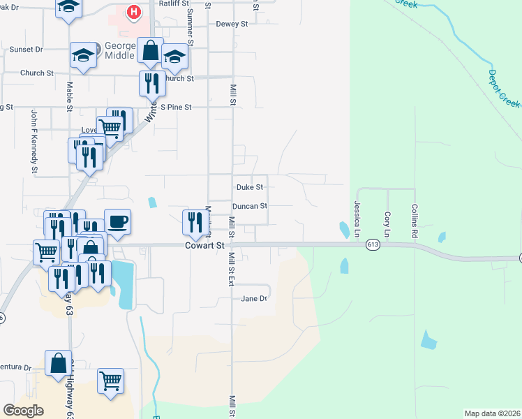 map of restaurants, bars, coffee shops, grocery stores, and more near 107 Duncan St in Lucedale