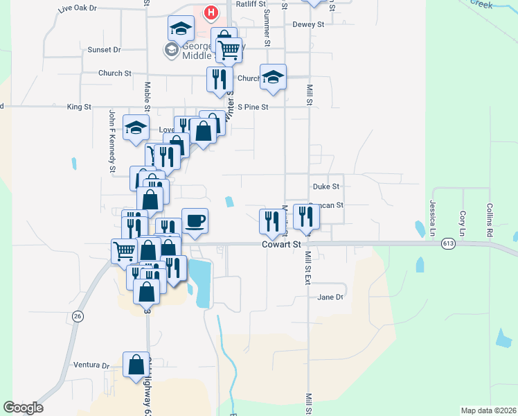 map of restaurants, bars, coffee shops, grocery stores, and more near in Lucedale
