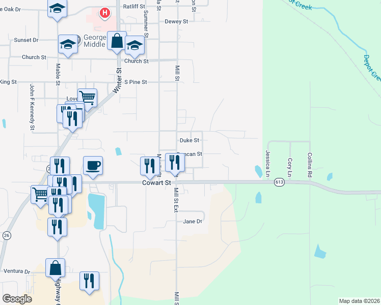 map of restaurants, bars, coffee shops, grocery stores, and more near 107 Duncan St in Lucedale