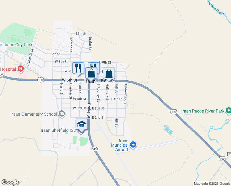 map of restaurants, bars, coffee shops, grocery stores, and more near 301-399 East 4th Street in Iraan