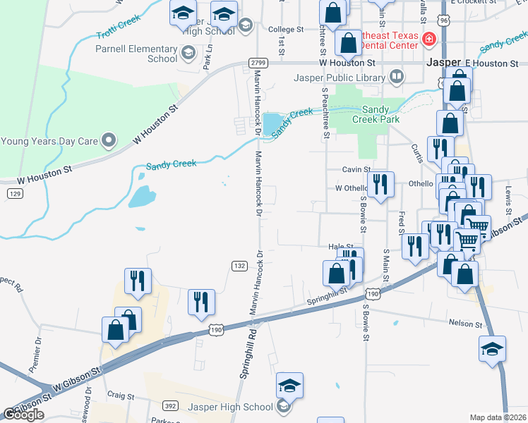 map of restaurants, bars, coffee shops, grocery stores, and more near 700 Marvin Hancock Drive in Jasper
