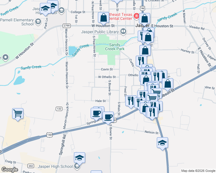 map of restaurants, bars, coffee shops, grocery stores, and more near 206 West Childers Street in Jasper