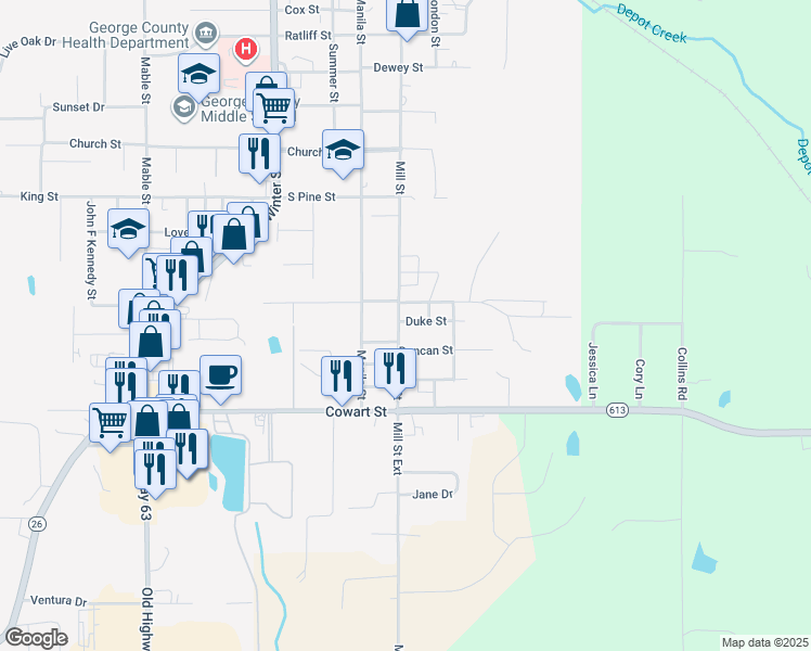 map of restaurants, bars, coffee shops, grocery stores, and more near 2-58 Duke St in Lucedale