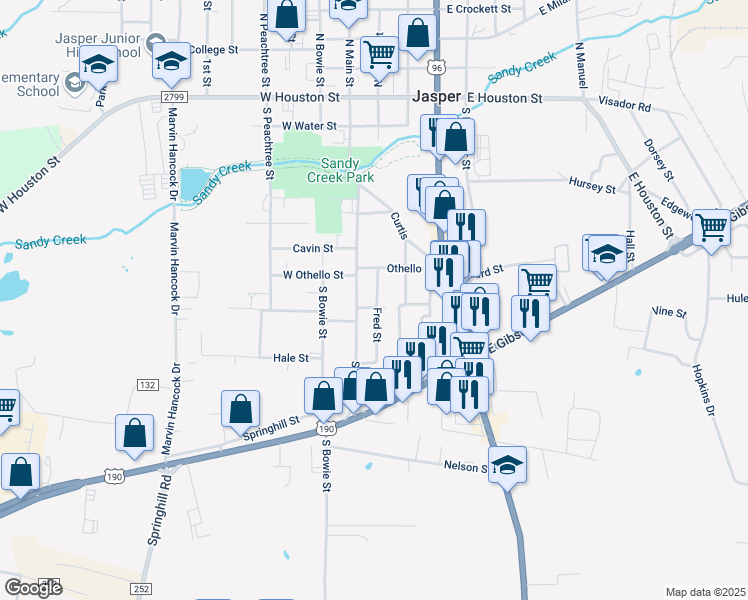 map of restaurants, bars, coffee shops, grocery stores, and more near 870 Fred Street in Jasper