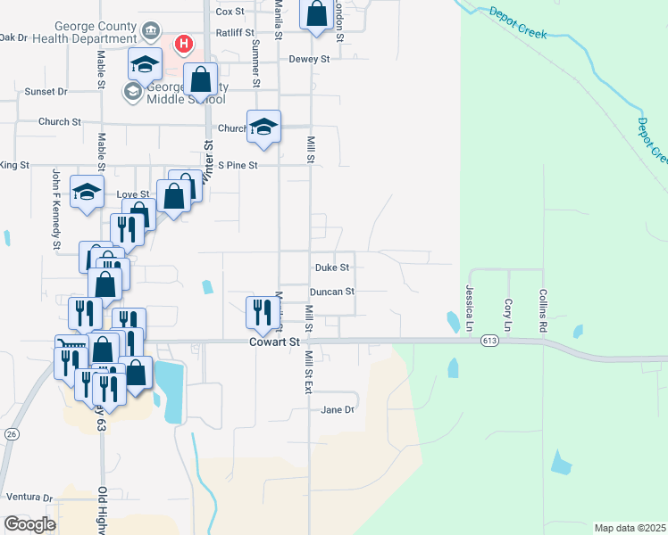 map of restaurants, bars, coffee shops, grocery stores, and more near 58 Duke Street in Lucedale
