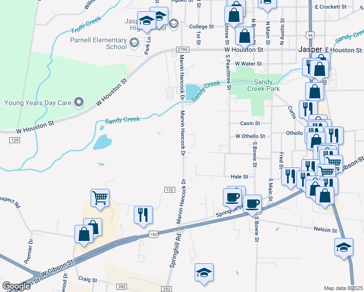 map of restaurants, bars, coffee shops, grocery stores, and more near 700 Marvin Hancock Drive in Jasper