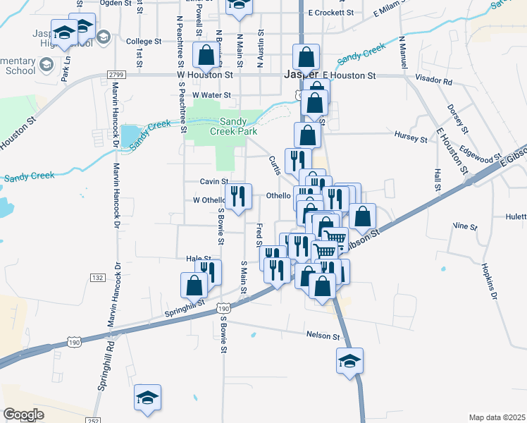 map of restaurants, bars, coffee shops, grocery stores, and more near 870 Fred Street in Jasper