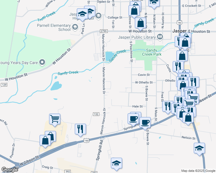 map of restaurants, bars, coffee shops, grocery stores, and more near 700 Marvin Hancock Drive in Jasper