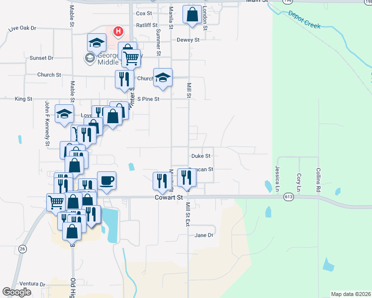 map of restaurants, bars, coffee shops, grocery stores, and more near 1-85 Lumpkin St in Lucedale