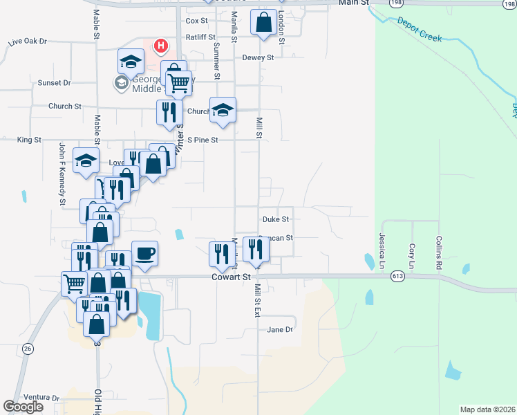 map of restaurants, bars, coffee shops, grocery stores, and more near 85 Lumpkin St in Lucedale