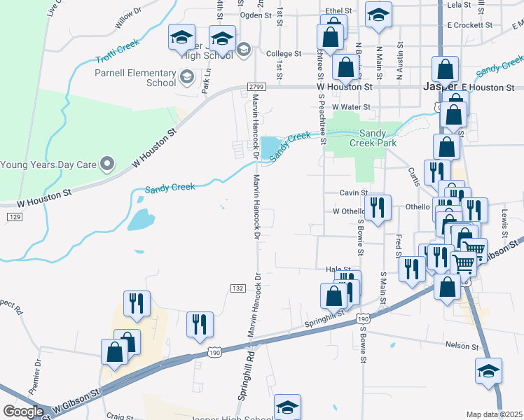 map of restaurants, bars, coffee shops, grocery stores, and more near 446-720 Marvin Hancock Drive in Jasper