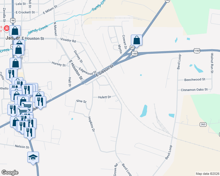 map of restaurants, bars, coffee shops, grocery stores, and more near 1405 East Gibson Street in Jasper