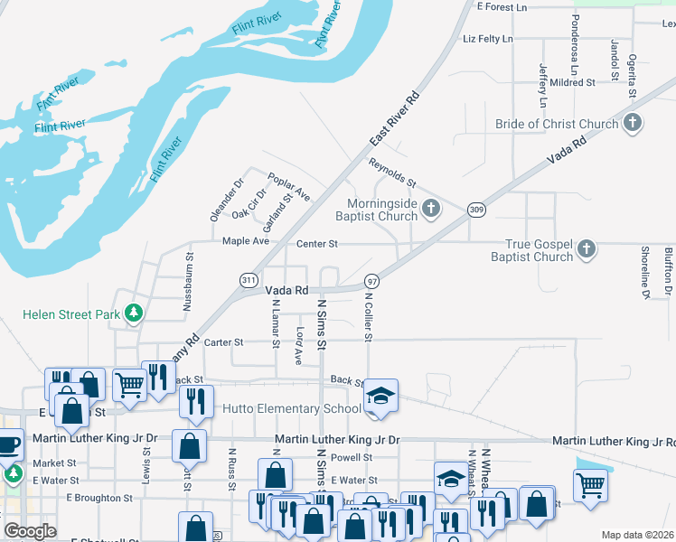 map of restaurants, bars, coffee shops, grocery stores, and more near 1015 N Webb St in Bainbridge