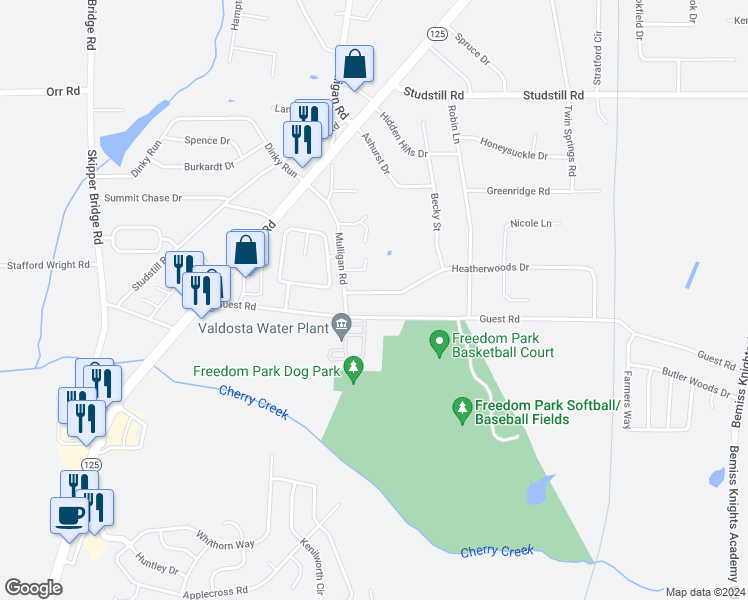 map of restaurants, bars, coffee shops, grocery stores, and more near 3941 Heatherwoods Drive in Valdosta
