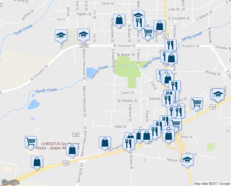 map of restaurants, bars, coffee shops, grocery stores, and more near 219 Cavin Street in Jasper