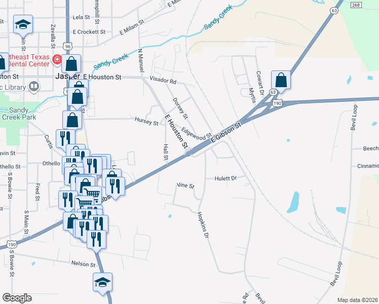 map of restaurants, bars, coffee shops, grocery stores, and more near Texas 63 in Jasper