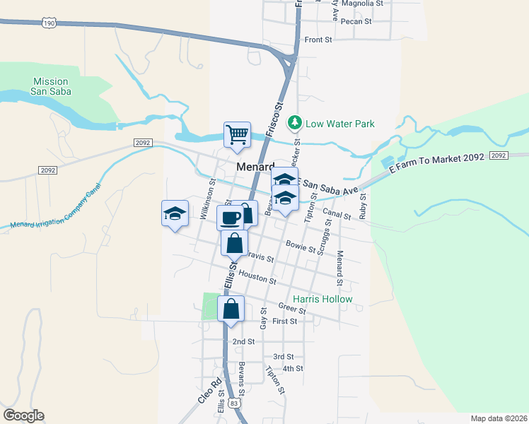 map of restaurants, bars, coffee shops, grocery stores, and more near 220 Bevans Street in Menard