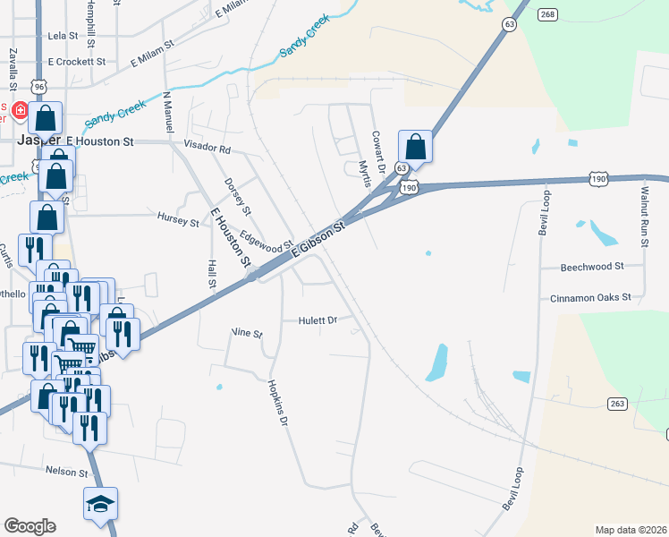 map of restaurants, bars, coffee shops, grocery stores, and more near 1405 East Gibson Street in Jasper