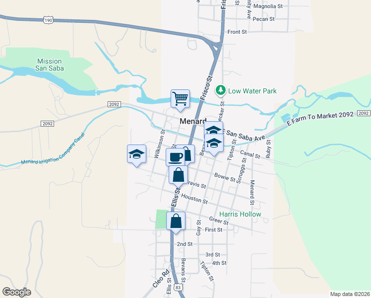 map of restaurants, bars, coffee shops, grocery stores, and more near 210 Ellis Street in Menard
