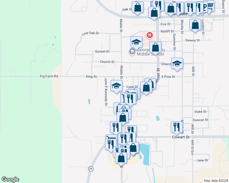 map of restaurants, bars, coffee shops, grocery stores, and more near 1-61 Sinclair Street in Lucedale