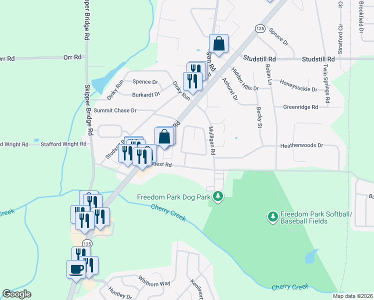 map of restaurants, bars, coffee shops, grocery stores, and more near 4222 Abingdon Court in Valdosta
