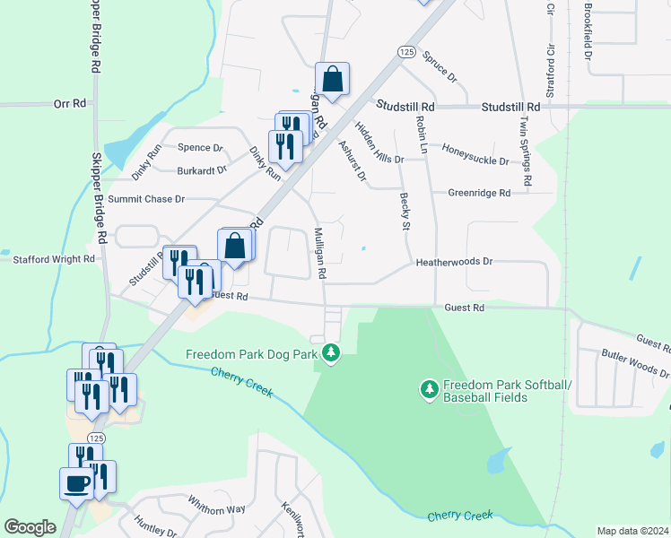 map of restaurants, bars, coffee shops, grocery stores, and more near 3806 Pondside Circle in Valdosta