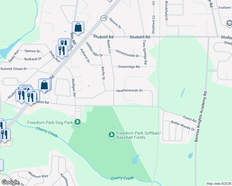 map of restaurants, bars, coffee shops, grocery stores, and more near 3789 Robin Lane in Valdosta