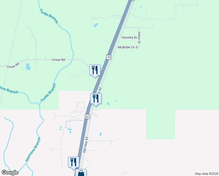 map of restaurants, bars, coffee shops, grocery stores, and more near 10820 Old Highway 43 in Mobile