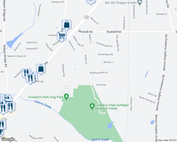 map of restaurants, bars, coffee shops, grocery stores, and more near 3572 Becky Street in Valdosta