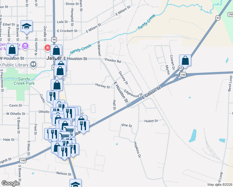 map of restaurants, bars, coffee shops, grocery stores, and more near 100-827 Hall St in Jasper