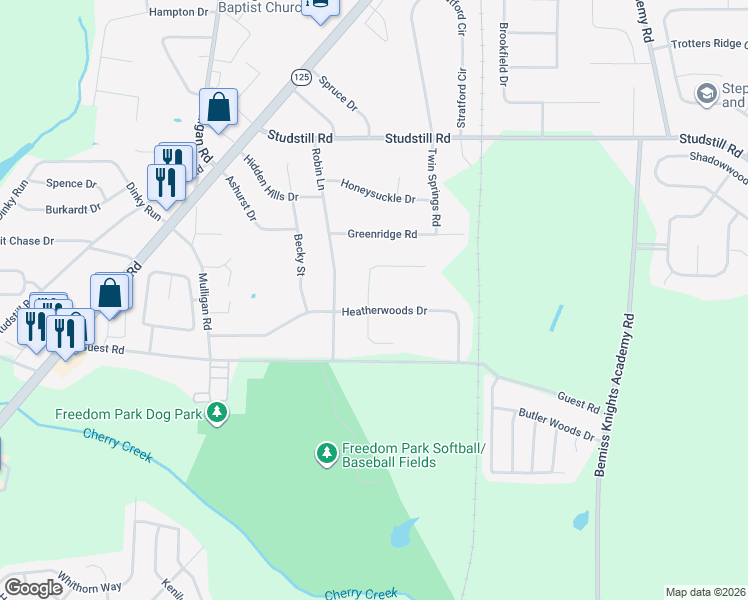 map of restaurants, bars, coffee shops, grocery stores, and more near 3810 Heatherwoods Drive in Valdosta