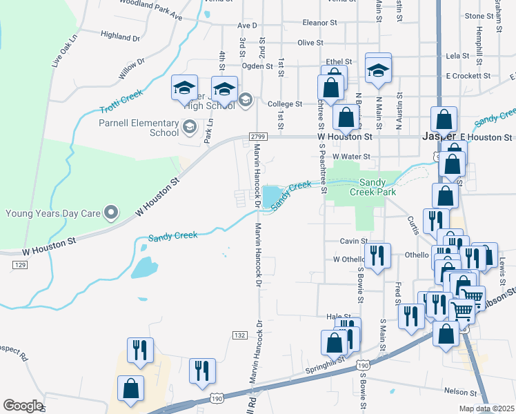 map of restaurants, bars, coffee shops, grocery stores, and more near 446 Marvin Hancock Drive in Jasper