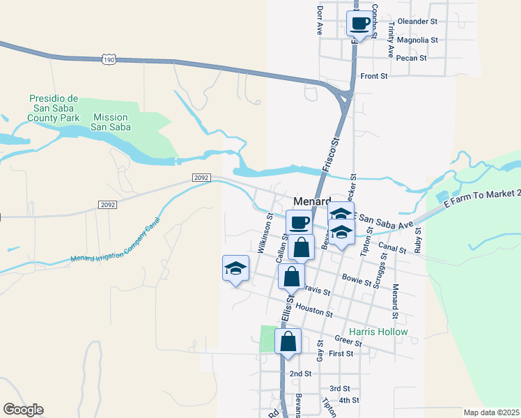 map of restaurants, bars, coffee shops, grocery stores, and more near 407 West San Saba Avenue in Menard